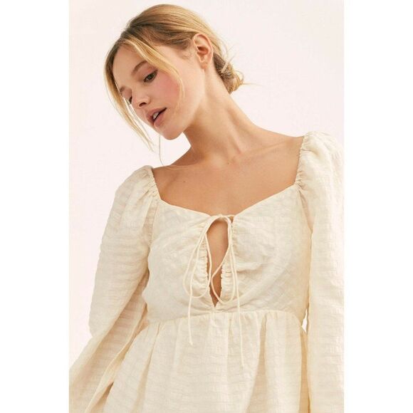 NEW FREE PEOPLE Sz M STAR BRIGHT PEASANT PLUNGING LACE UP MINI DRESS IVORY - Picture 3 of 5